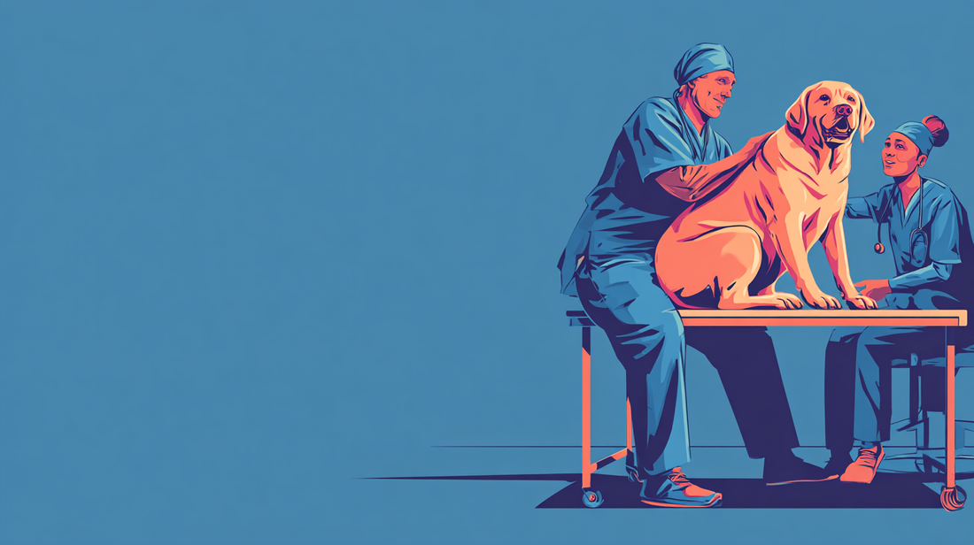 Two veterinarians in scrubs examining an overweight Labrador on a consultation table, illustrated comic art style, bold flat colours, deep navy blue background #0D1F3C, wide cinematic banner 16:9, clean graphic novel aesthetic, confident warm expressions