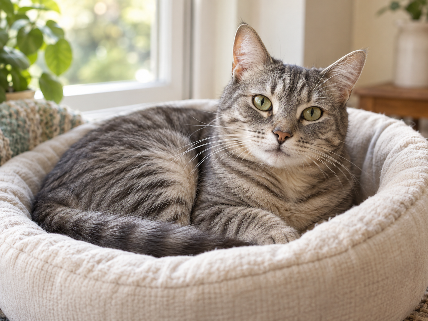 Cat resting in a modern pet bed, affordable monthly vet care with a Paws & Co health plan