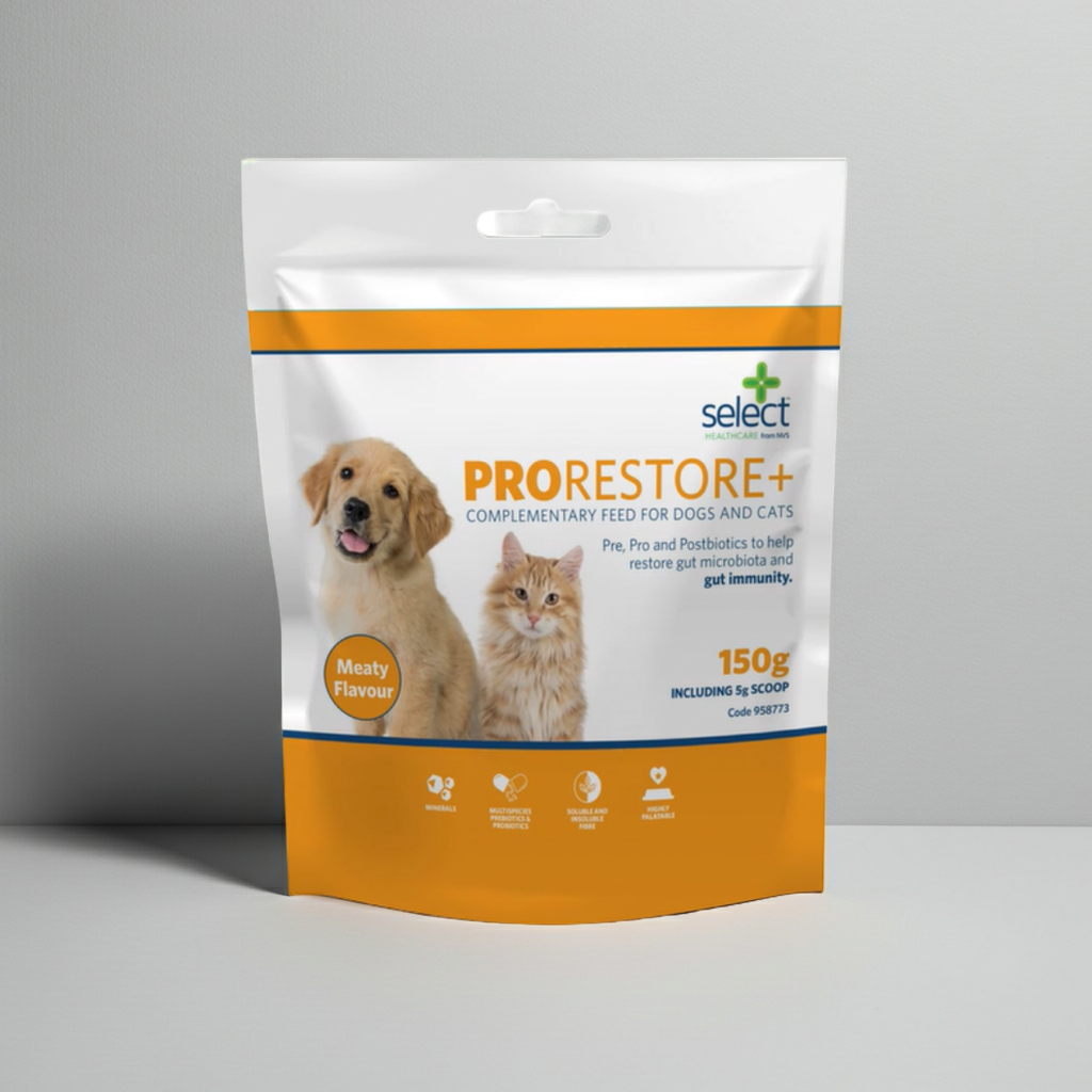 ProRestore+ pet food package with a dog and cat on the label against a gray background