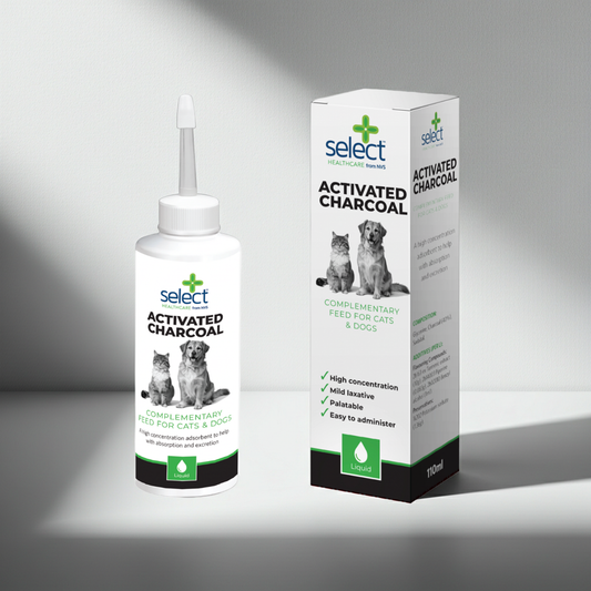 Select Activated Charcoal bottle and packaging on a gray background