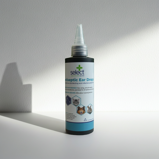 Bottle of Select Antiseptic Ear Drops on a white background