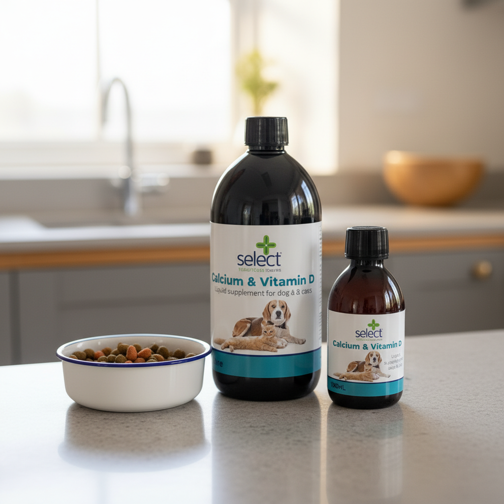 Two bottles of Select Calcium & Vitamin D supplement for pets on a kitchen counter.