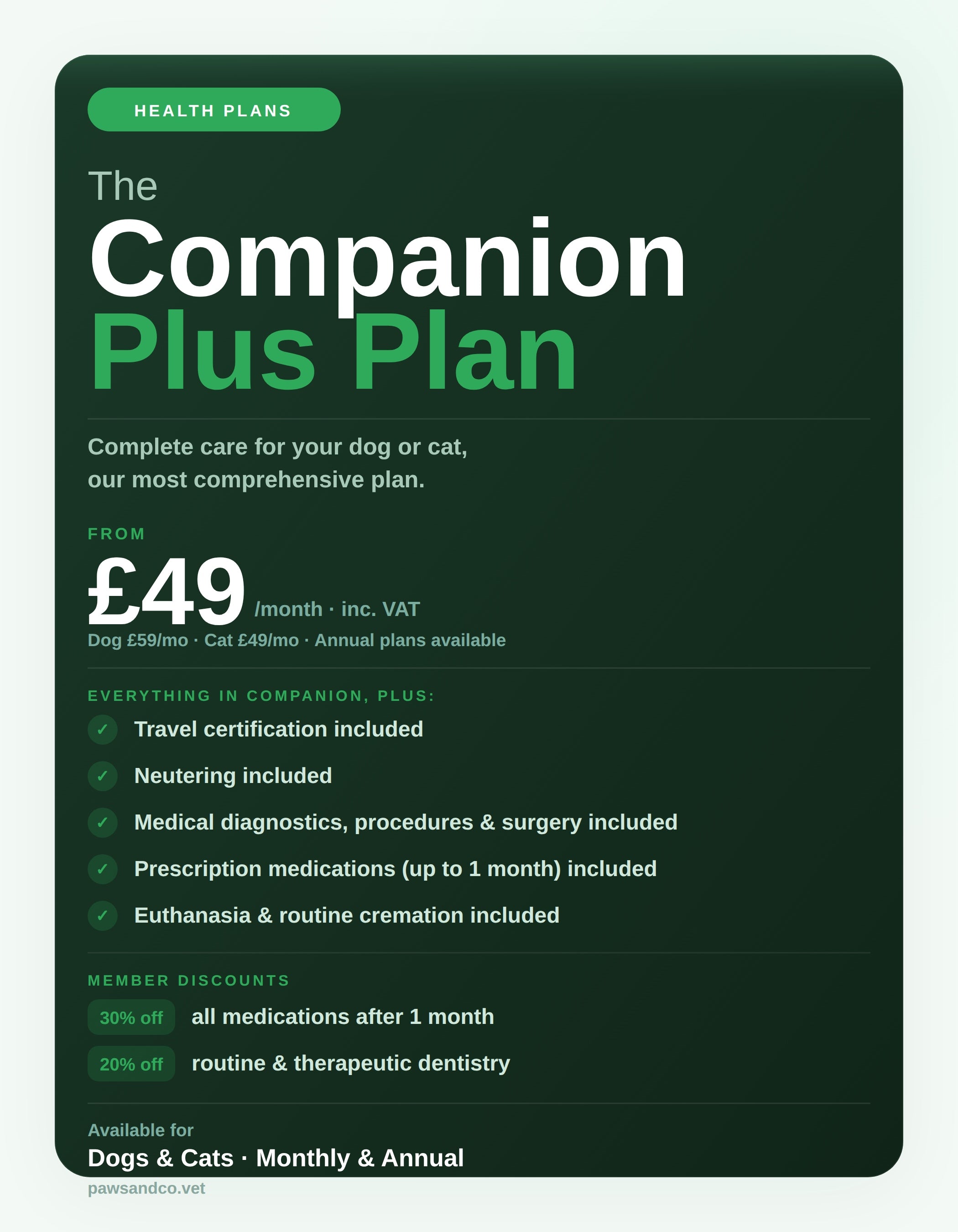 Companion Plus all-inclusive health plan at Paws & Co - from £49 per month, includes surgery, medications, neutering, vaccinations and consultations