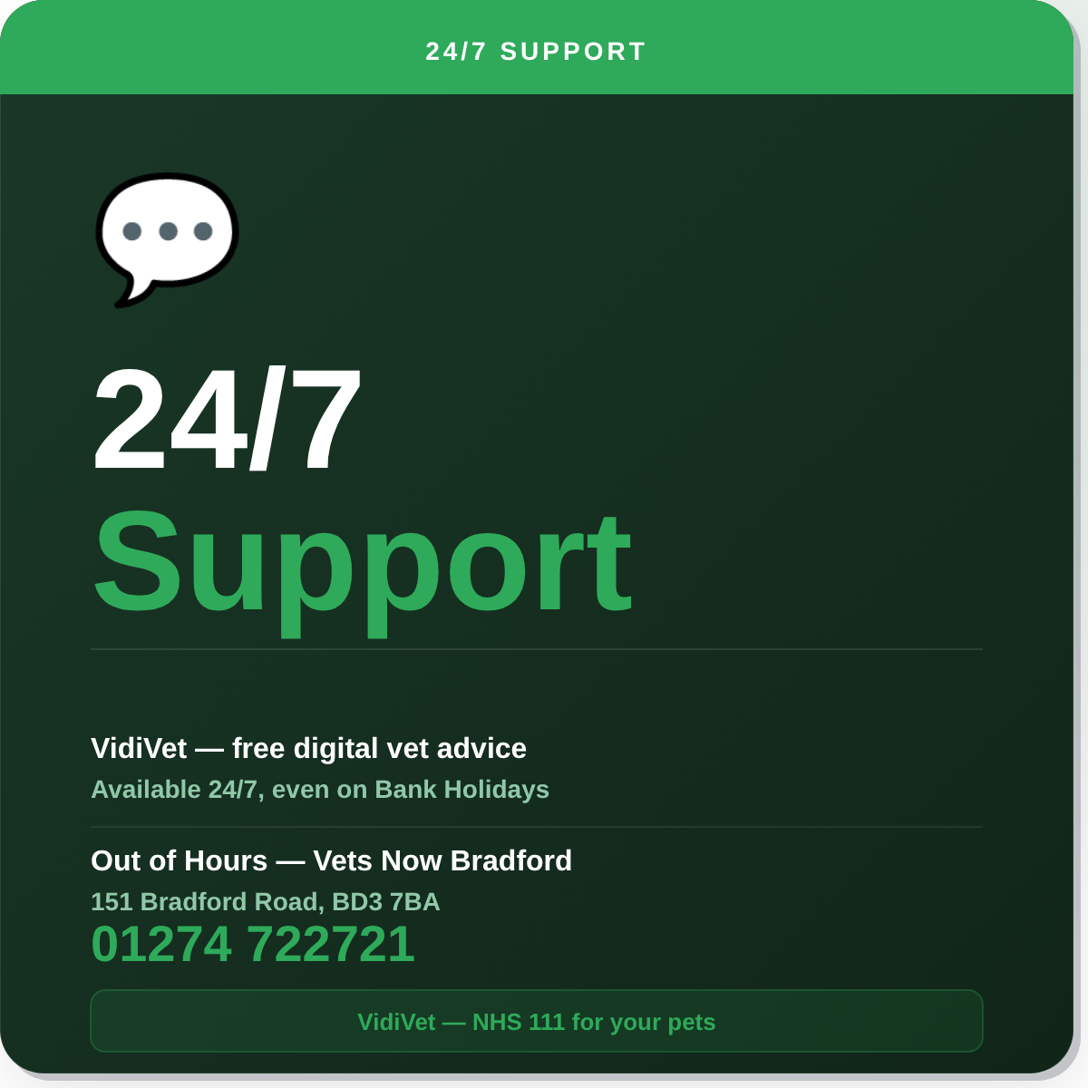 Paws & Co 24/7 pet support via VidiVet, out of hours emergencies at Vets Now Bradford 151 Bradford Road BD3 7BA, call 01274 722721