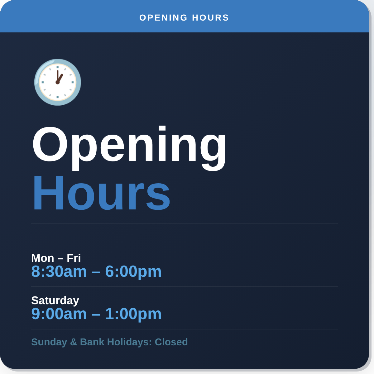 Paws & Co opening hours - Monday to Friday 8:30am to 6pm, Saturday 9am to 1pm, closed Sunday and Bank Holidays