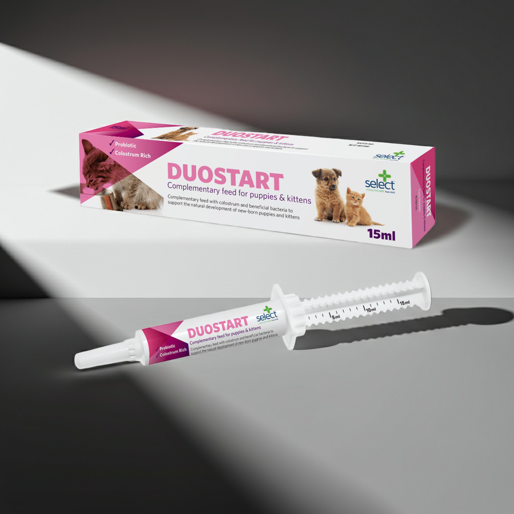 DUOSTART complementary feed packaging for puppies and kittens on a gray background
