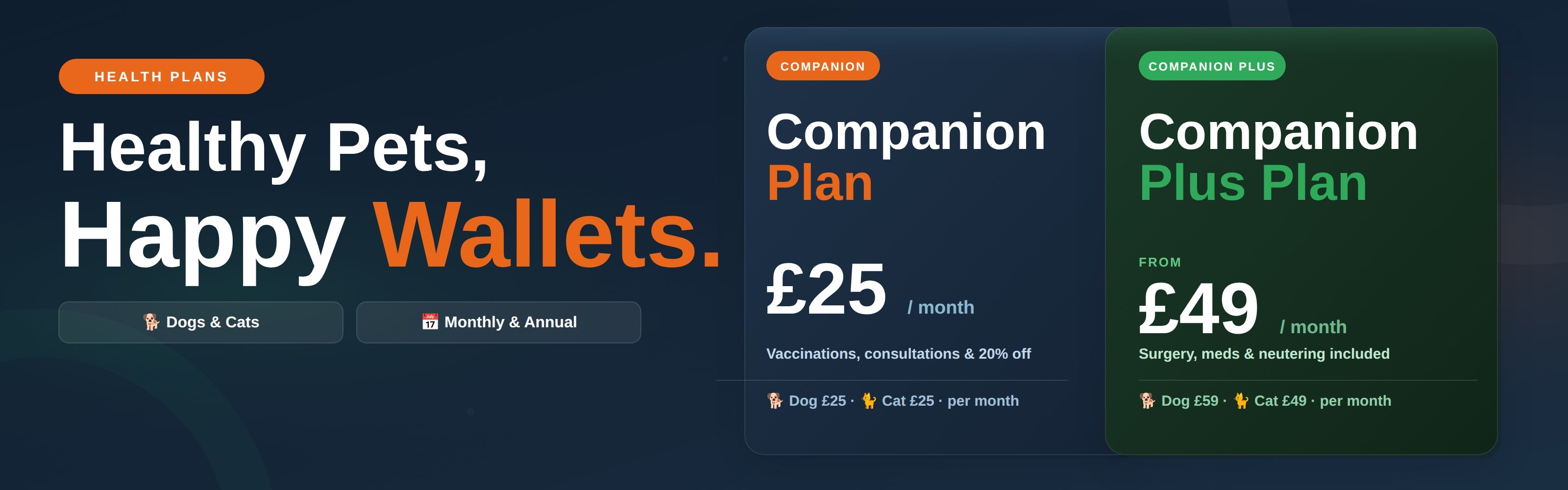 Paws & Co health plans banner - Companion Plan from £25 per month and Companion Plus all-inclusive plan from £49 per month for dogs and cats in Leeds and Wakefield