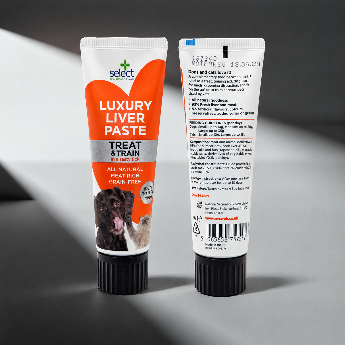 Luxury Liver Paste 75g tube, front and back, Paws & Co Veterinary Centre