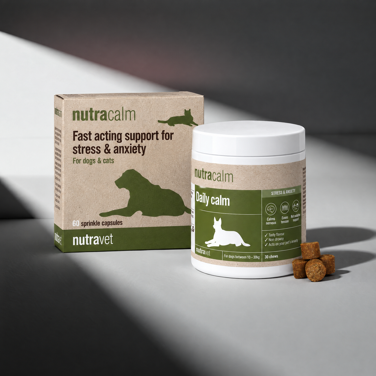 Nutracalm calming capsules and chews for dogs and cats, Paws & Co Veterinary Centre