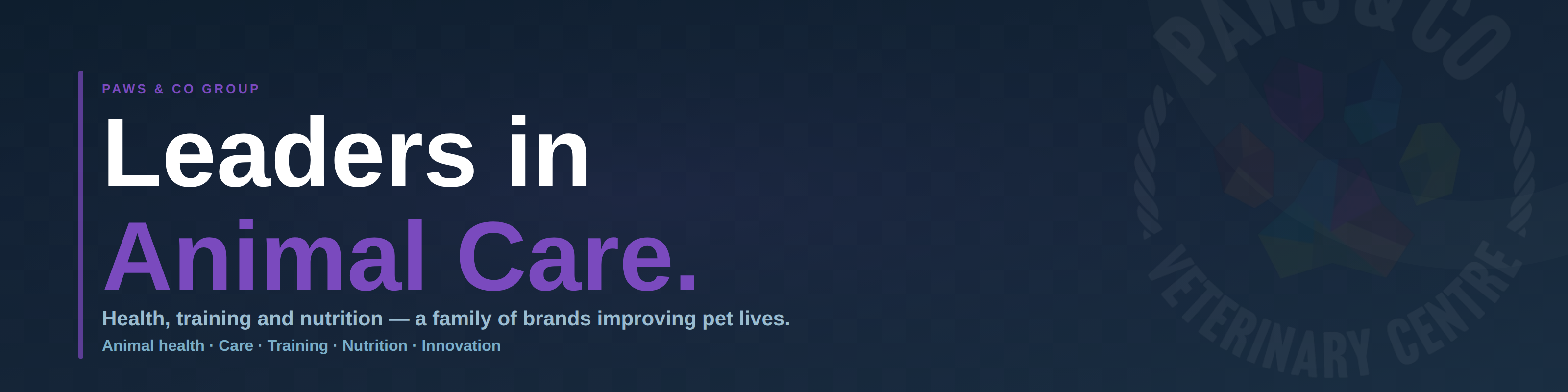 Paws & Co Group banner - leaders in animal care, health, training and nutrition across a family of independent pet care brands