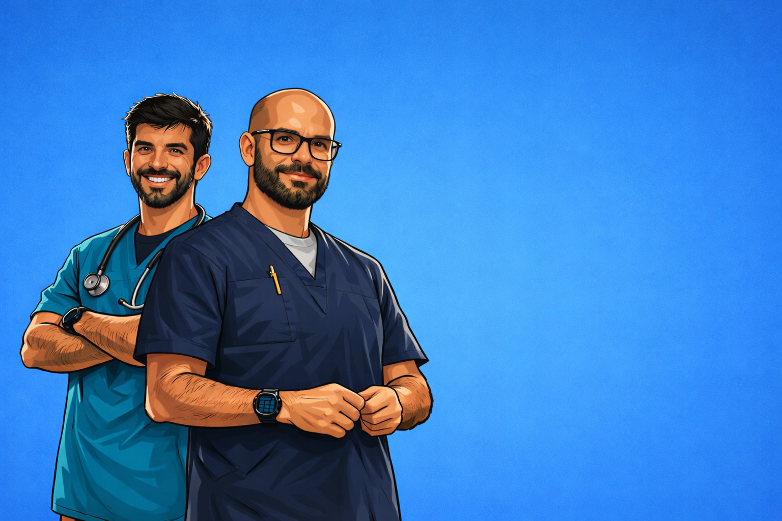 Wide stylised banner for Paws & Co Veterinary Centre showing two friendly veterinarians in scrubs standing in the bottom-left corner against a clean blue background, representing the professional veterinary team